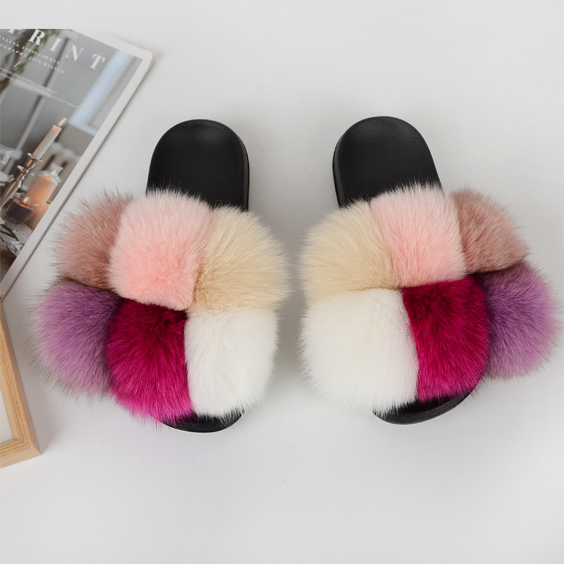 Fox Hair Slippers Women Fur Home Fluffy Sliders Plush Furry Summer Flats Sweet Ladies Shoes Large Size 45 Cute Pantufas