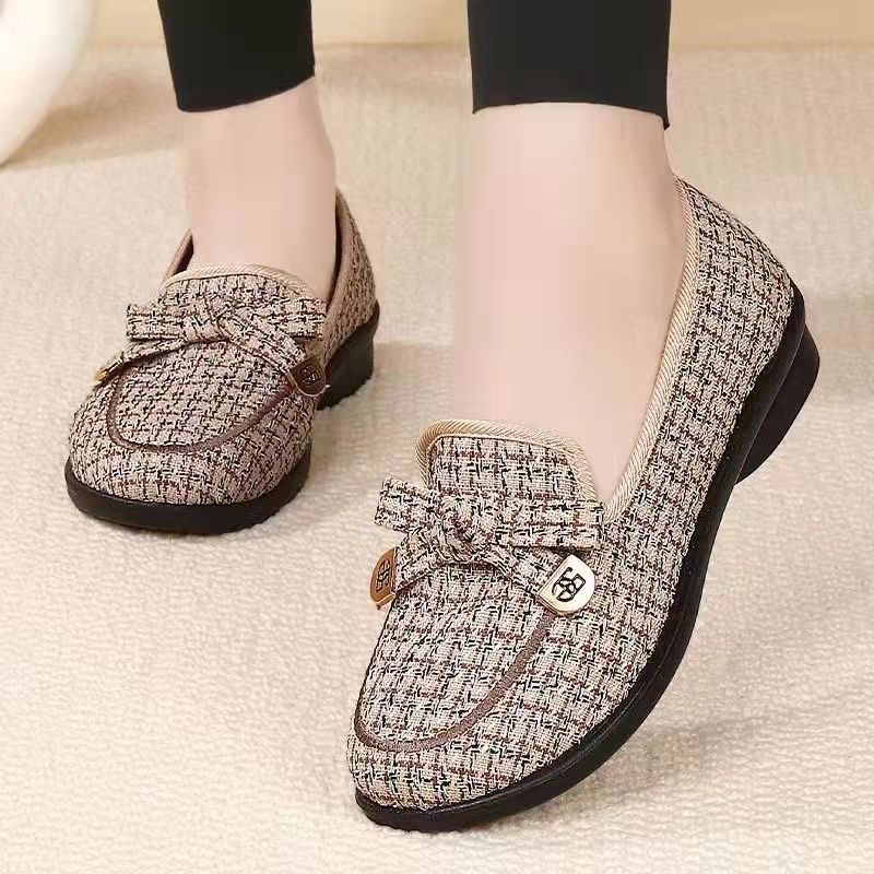 Women's Monogram Print Bow Loafers New Jacquard Fabric Low Heel Slip-On Dress Shoes for Female Office Daily