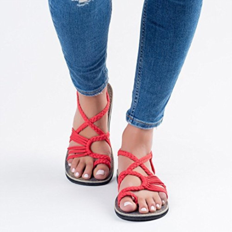Seasonal Cross border Foreign Trade Knitted Sandals for Women in Europe and America Flat Bottom Pinch Toe Large Sandals Size 35