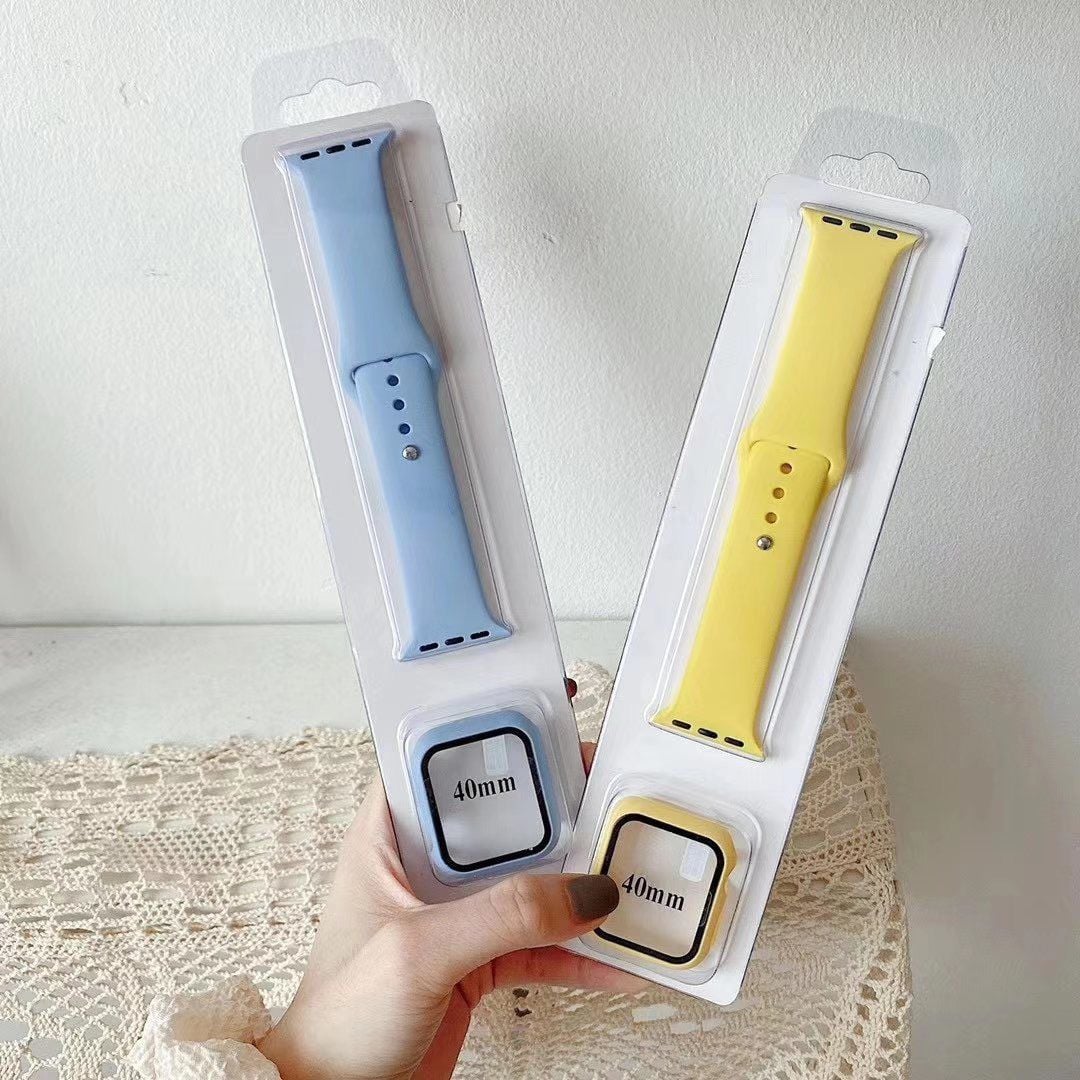 Glass+Case+band For Apple Watch bands 44mm 40mm 45mm 41-38mm 42mm Silicone sport bracelet iWatch series10 8 9 7 6 5 4 3 SE strap
