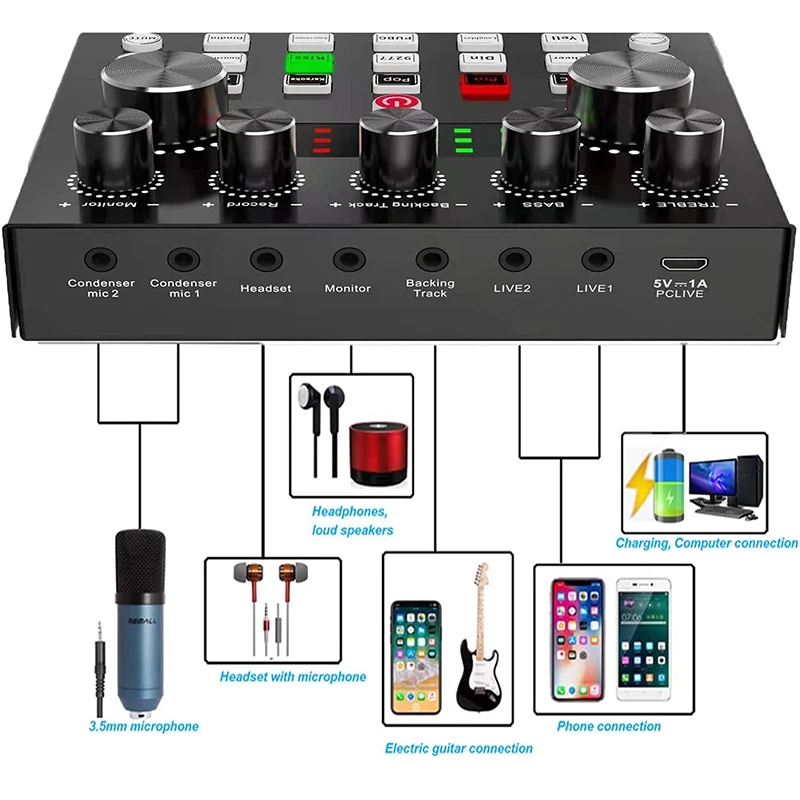 Live Streaming for PC Computer IPhone Broadcasting V8S Sound Card with 10 Sound Effects,3 Inputs, Mic Input
