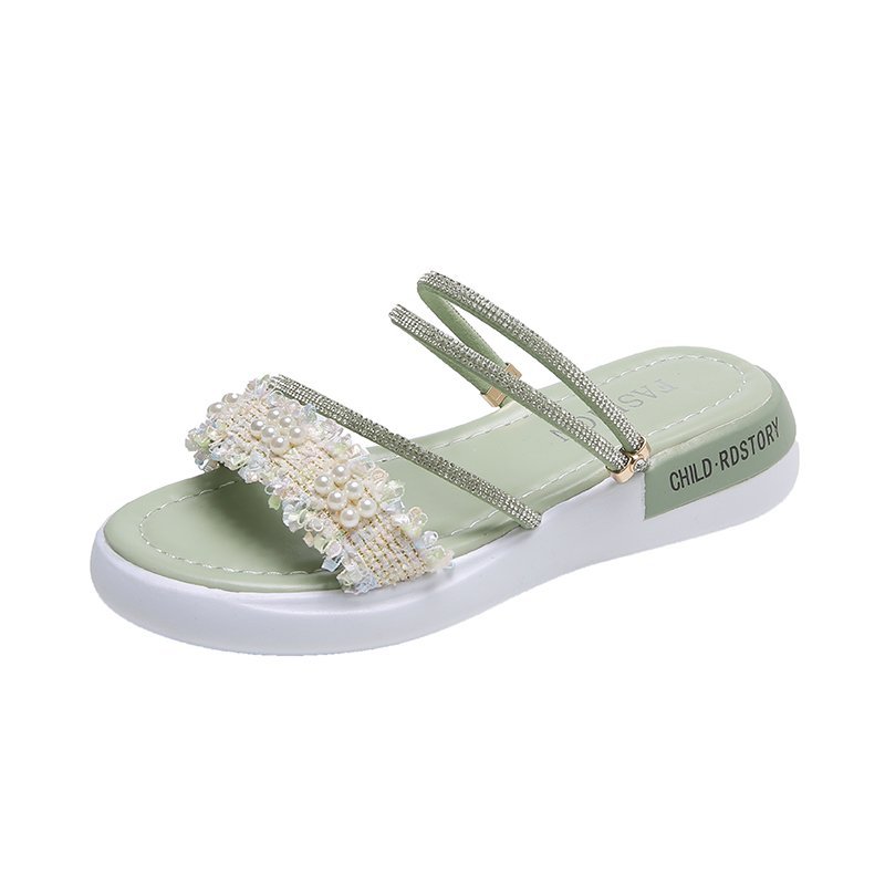Rhinestone Sandals Women's Flat Shoes Fairy Style 2023 Summer New Student Pearl Double Wear Roman Sandals Fashion