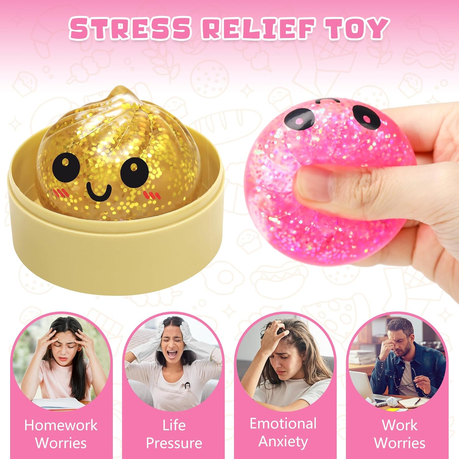 2 2.0" Sugar Mini Glitter Dumpling Squishy Surprise Box – Cute Bao Bun Squishy Set with Steamer, Glittery Slow Rise Stress Relief Toys, Mystery Sensor