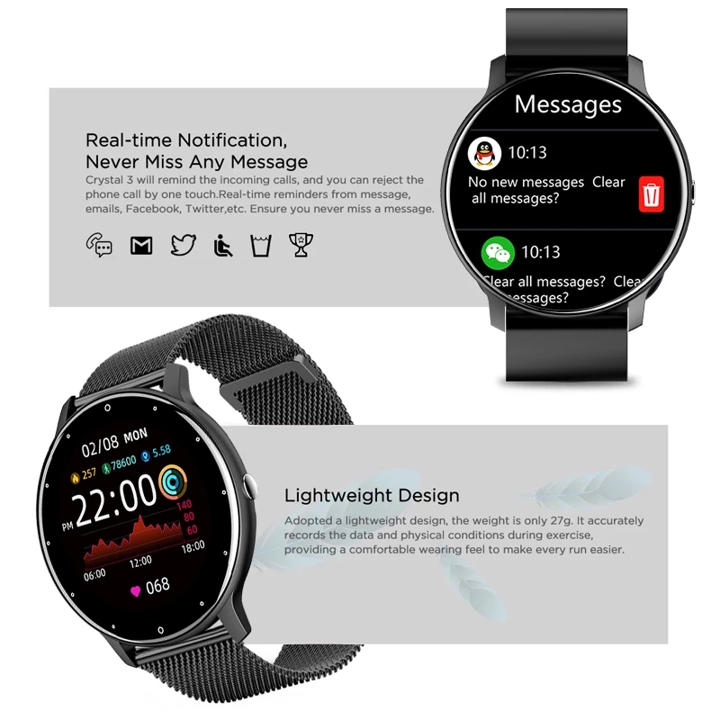 Smart watch Ladies Full touch Screen Sports Fitness watch ZL02 waterproof Bluetooth For Android iOS Smart watch Female