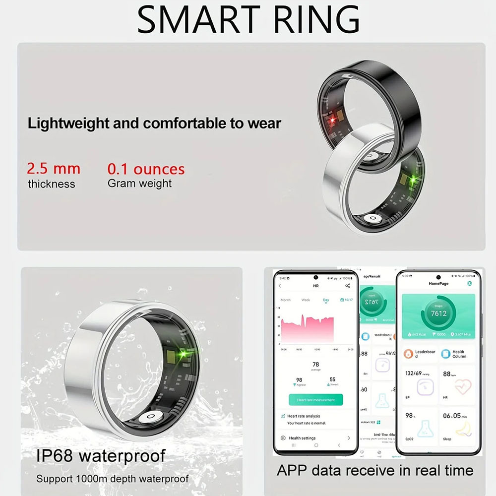 New Smart Ring Heart Rate Blood Pressure Sleep Monitoring Motion Tracking IP68 Waterproof Men Women Smart Ring Holiday Gift