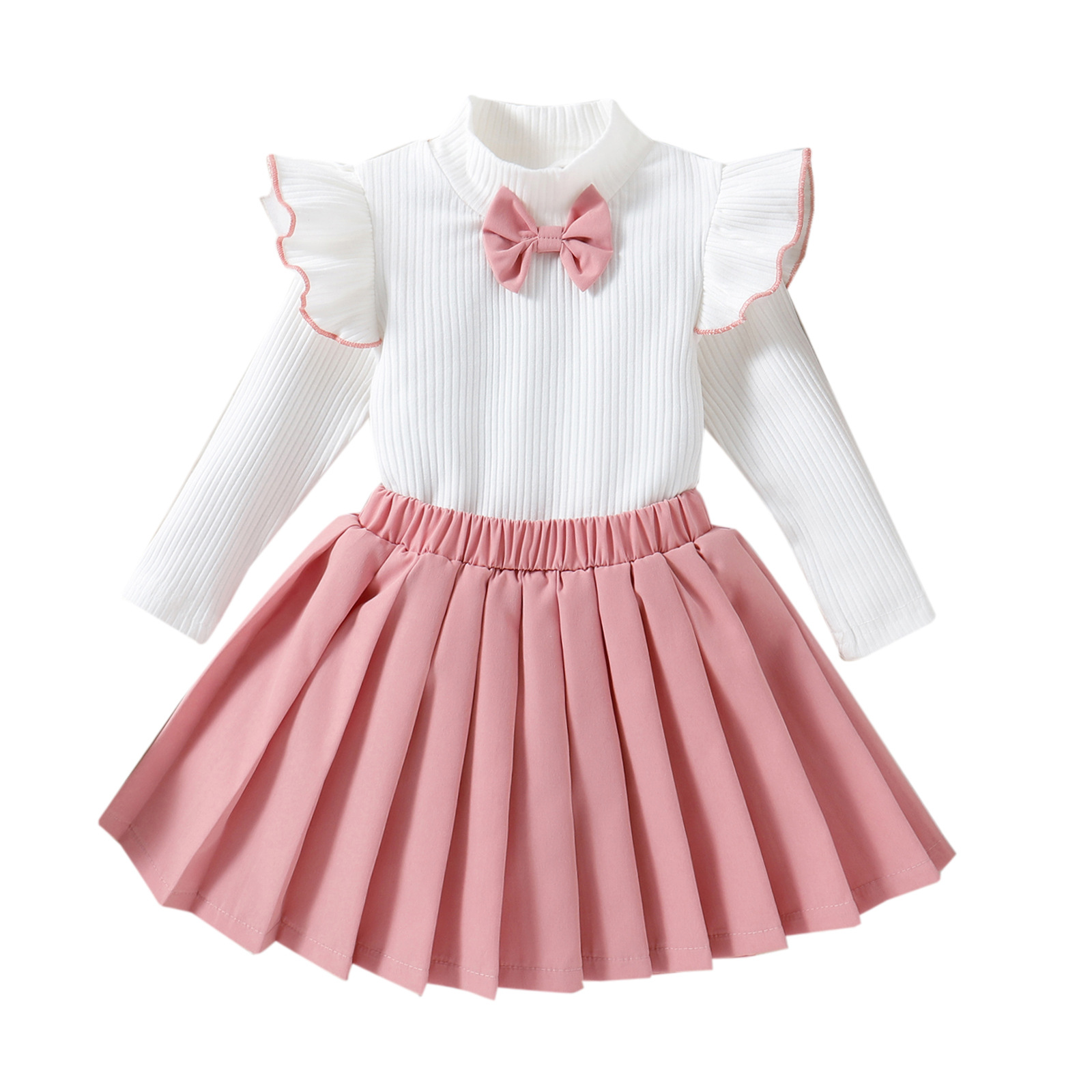 Girls' Autumn/Winter Long Sleeve Set Girls' Bow Round Neck Knitted Top+Skirt Sweater Two Piece Fashion Girls' Set