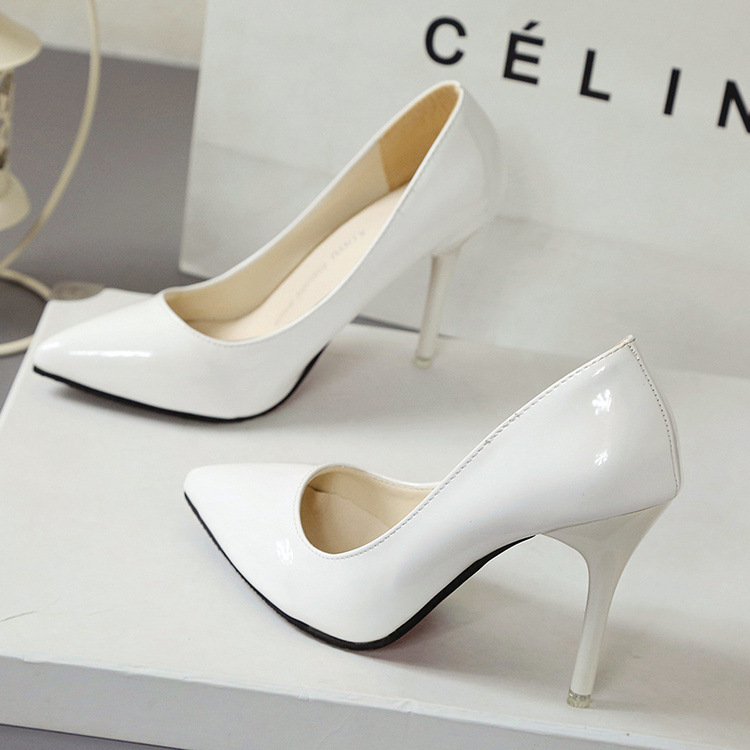 High heeled shoes shallow cut patent leather women's thin high heeled pointed nude single shoes