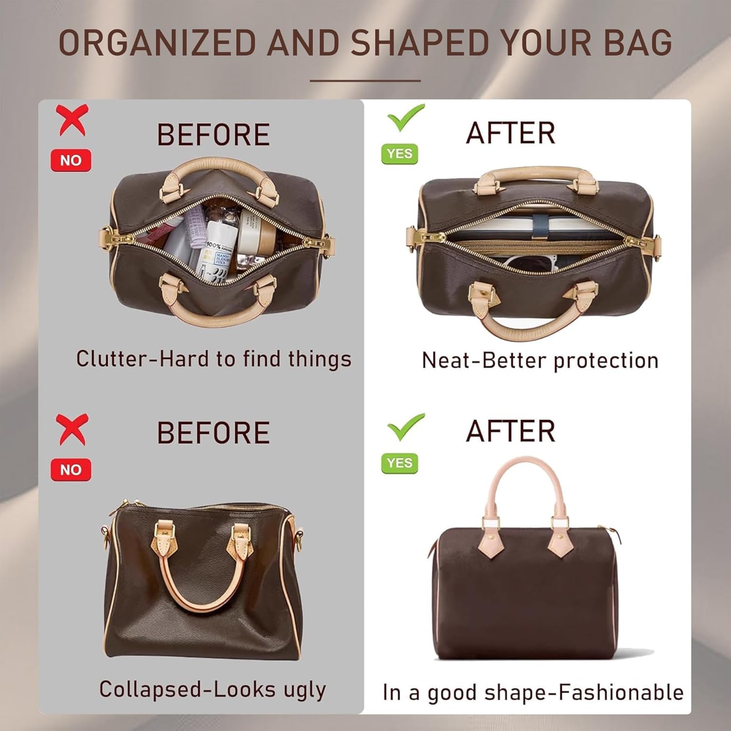 Doxo Purse Organizer Insert for Handbags & Base Shaper 2pc Set with Zipper, Felt Bag Organizer for Tote, Purse Organizer for LV Speedy 25/30/35 Neverf