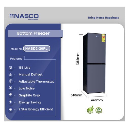 NASCO 158L BOTTOM FREEZER FRIDGE LIGHT GRAY