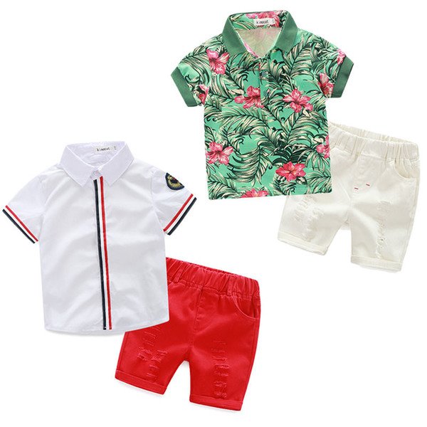 Newest Fashion Kids Boys summer leisure suit new Korean short sleeved shirt shorts three piece set spot feeding belt
