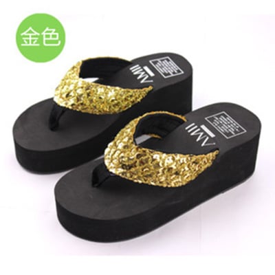 New slippers female slippers wedges platform elevator slip-resistant paillette beach flip flops Plus size 36-40
