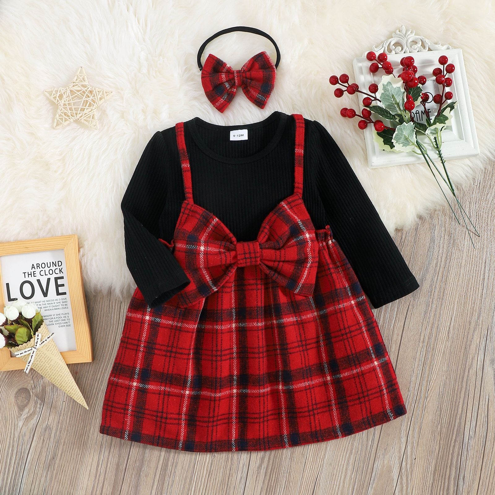 Autumn New plaid bow fake two-piece girls' dress Autumn+scarf