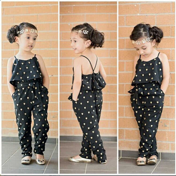 Hot-Selling Baby Kids Girls One-piece Sleeveless Heart Dots Bib Playsuit Jumpsuit T-shirt Pants Outfit Clothes 2-7Y