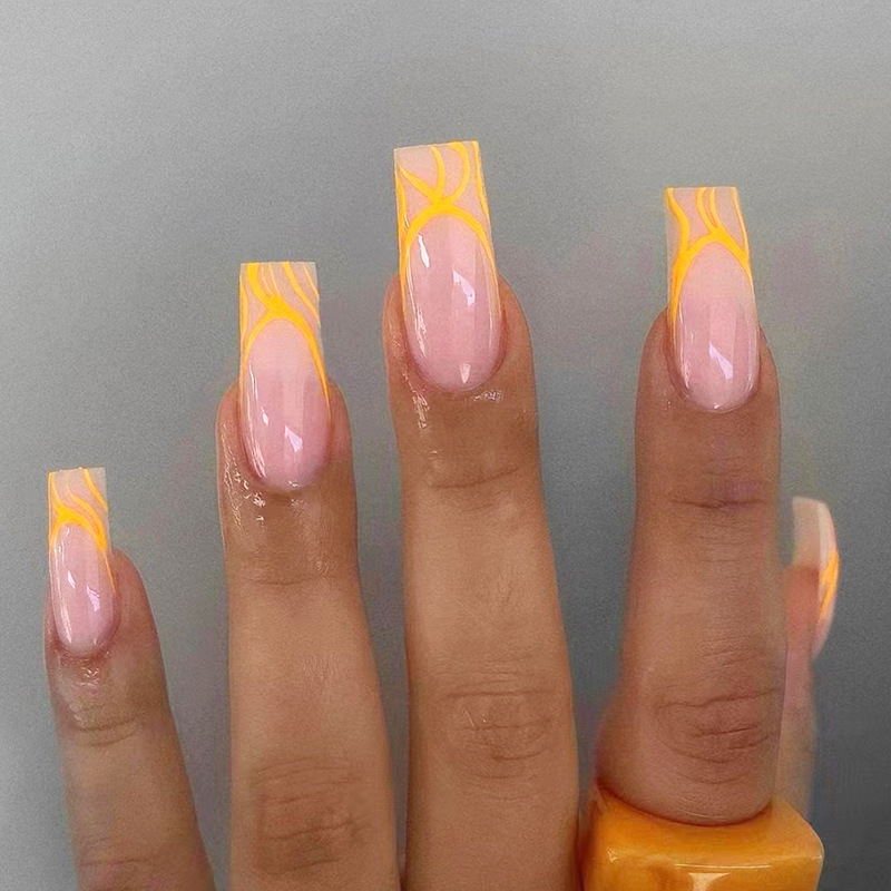 24pcs Pink Yellow Wavy lines Detachable Long Ballerina False Nails With Design Wearable Fake Nails Full Cover Nail Tips
