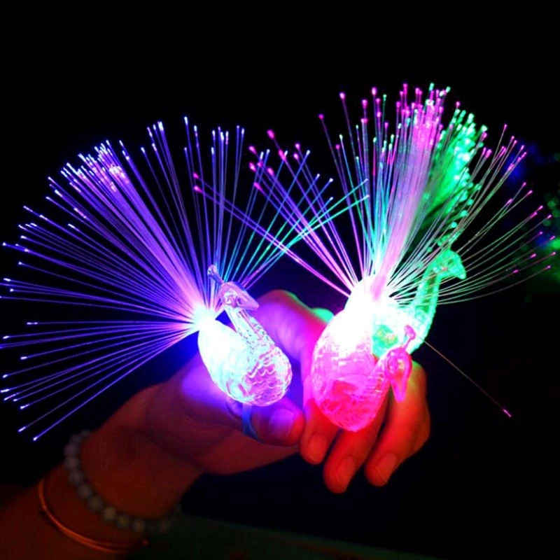 Luminous Peacock Finger Toy with LED Flash Light Flashing Tail Glow in the Dark Cute Bird Ring Decoration Gifts for Kid 1pc