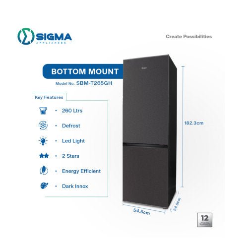 SIGMA 260L BOTTOM MOUNT FRIDGE DARK SILVER SBMF-T265GH