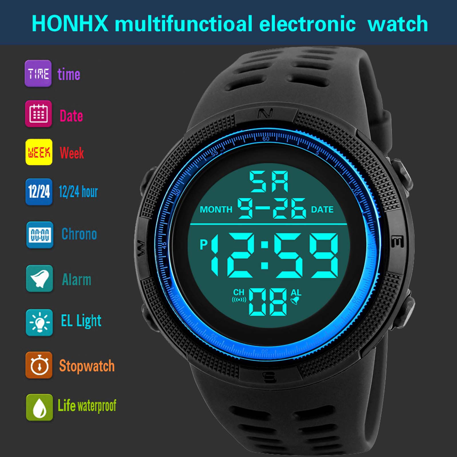 Sport Digital Round Watch Luminous LED Dial Casual Multifunction Clock Outdoor Rubber Strap Fashionable Waterproof Watch For Men