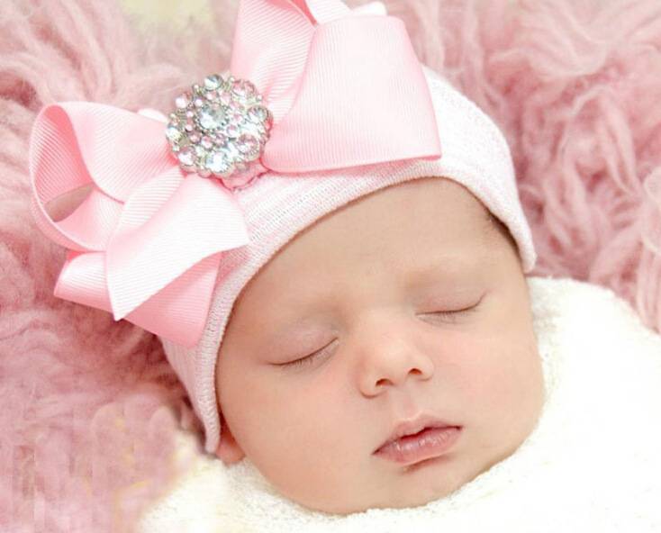 Big bow tie shiny diamond Pink Stripe girl baby knitting hat newborn baby Pullover hat