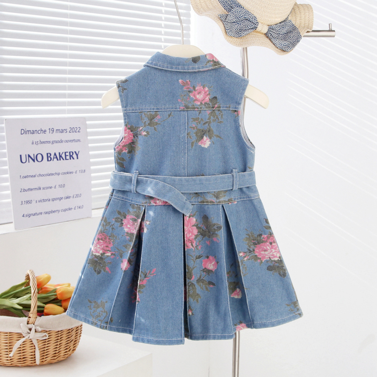 Girls' sleeveless denim dress summer flower print denim skirt cinched waist lapel thin sundress