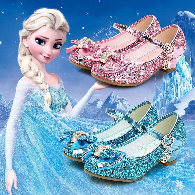 Princess Children's Leather Shoes Girls Flowers Casual Sequins Children's High Heels Girls' Shoes Bowknot Blue Pink Silver