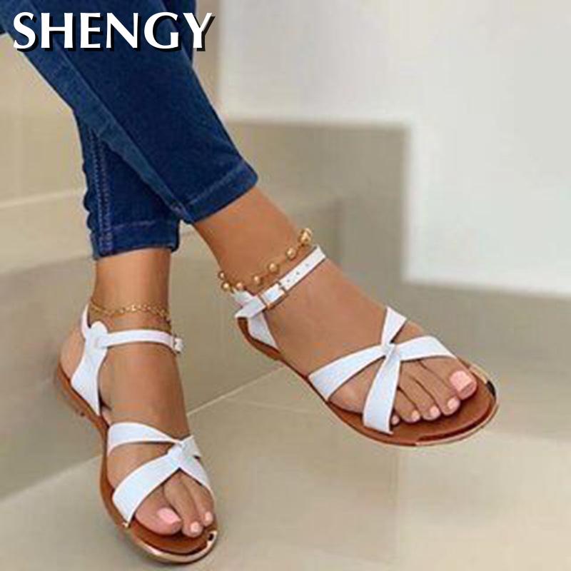 summer women's sandals open toe beach cross straps ladies one-word buckle roman flat shoes