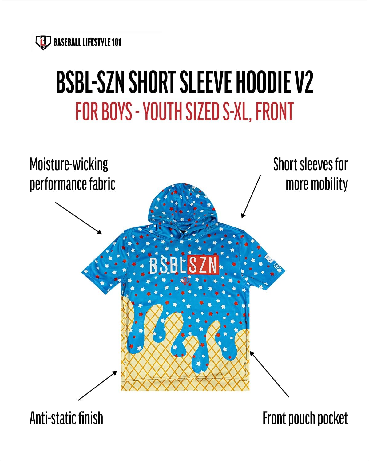 Baseball Lifestyle 101 BSBL SZN Youth Short Sleeve Hoodie with Front Pouch Pocket V2 Ice Cream Sizes Youth Small to XL
