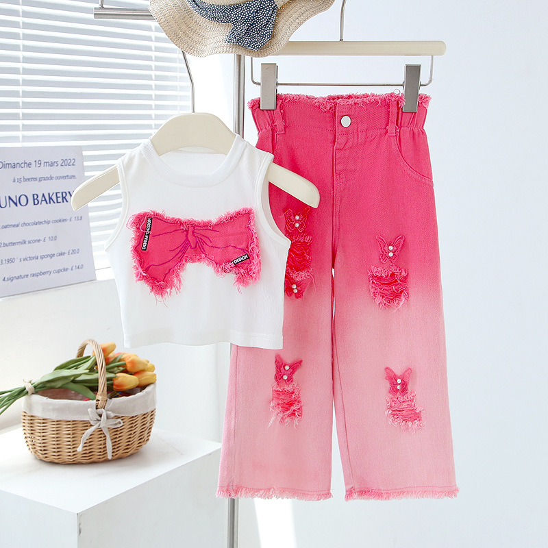 Girls' summer suit children's sleeveless ripped jeans two-piece set of medium and big boys girls' summer clothes