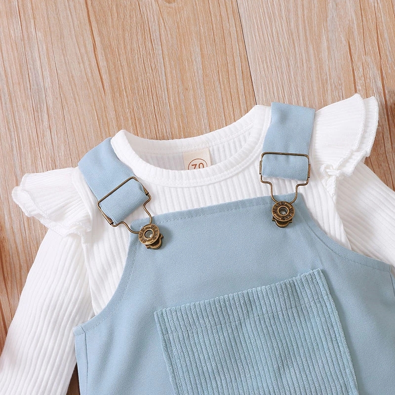 Newborn Baby's Clothes Girls Outfits Sweet Style Long Sleeve Round Collar Kids Romper Front Pocket Suspender Skirt Headwear Set