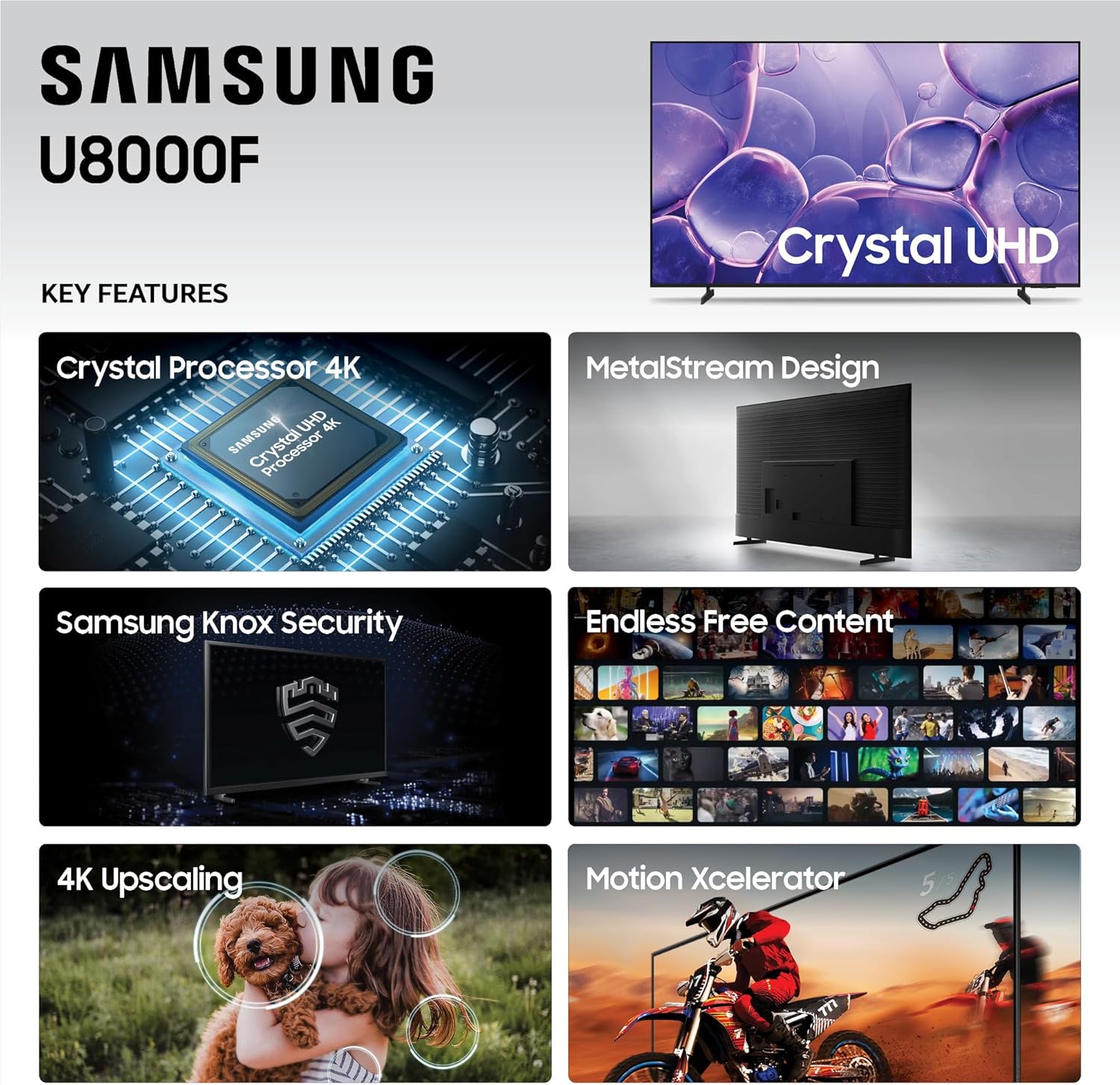 Samsung 50-Inch Class Crystal UHD U8000F 4K Smart TV (2025 Model) Endless Free Content, Crystal Processor 4K, MetalStream Design, Knox Security, Alexa