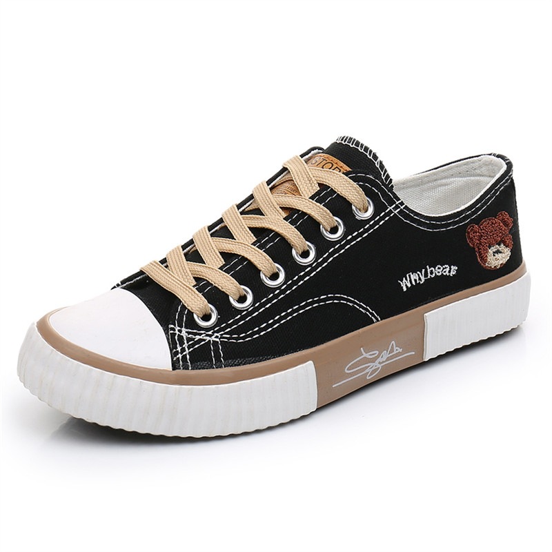 Women's Color-block Lace-up Canvas Shoes Cute Bear Pattern Flat Casual Shoes