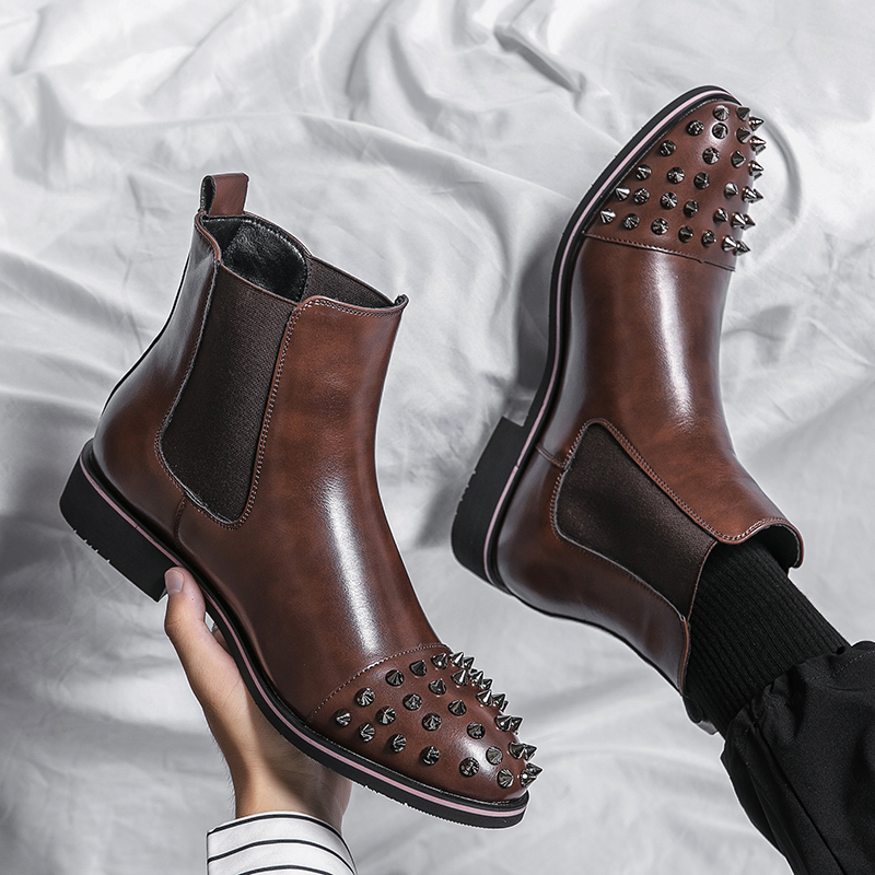 Rivets Safety Work Shoes For Men Chelsea Steel Head Leather Boots Male Fashion Ankle Boots Grace Cowboy Boots Pointed Horse Boot