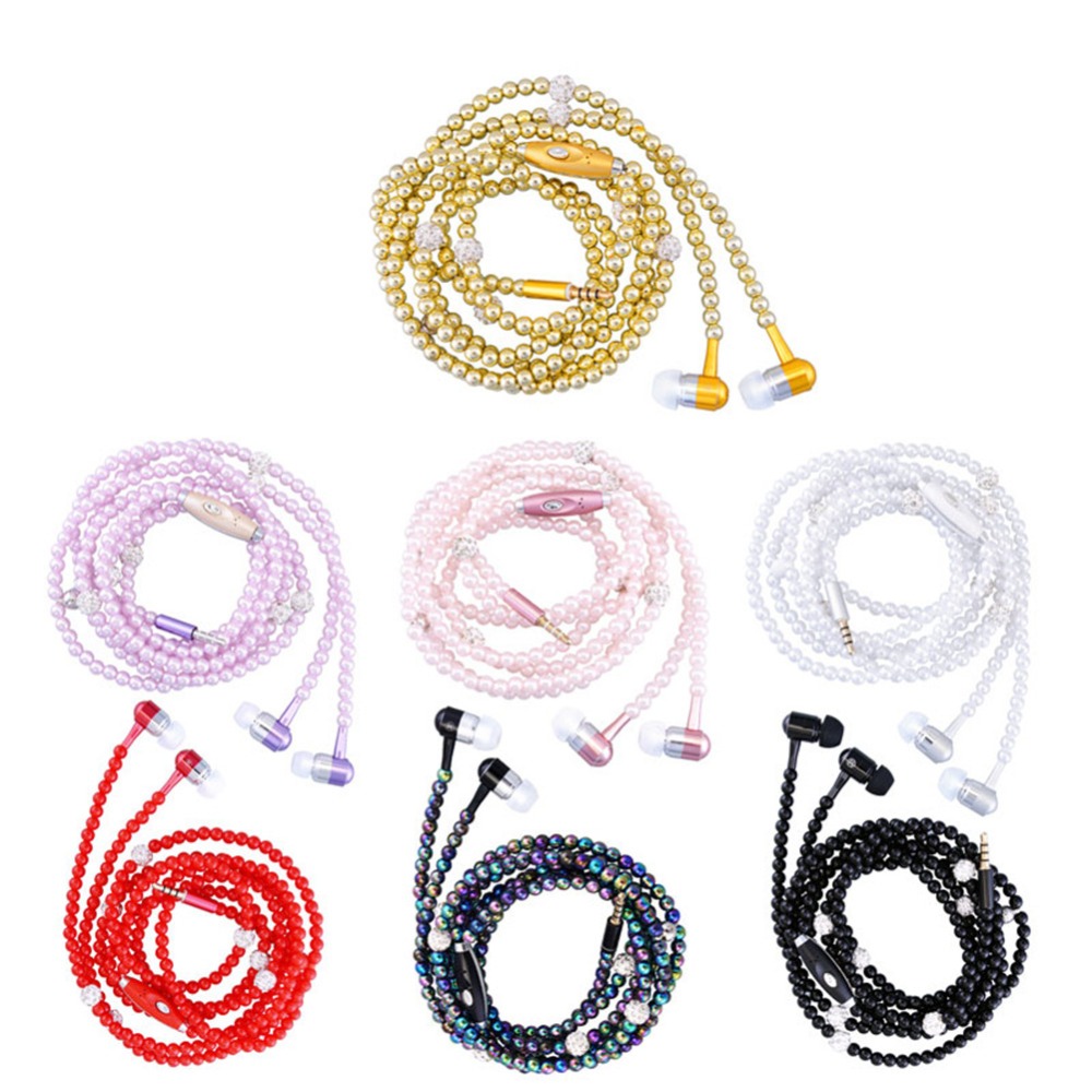 Fashion Pretty Necklace Earphone Pink Girl Rhinestone Jewelry Pearl Earphones 3.5mm With Microphone Earbuds for Brithday Gift