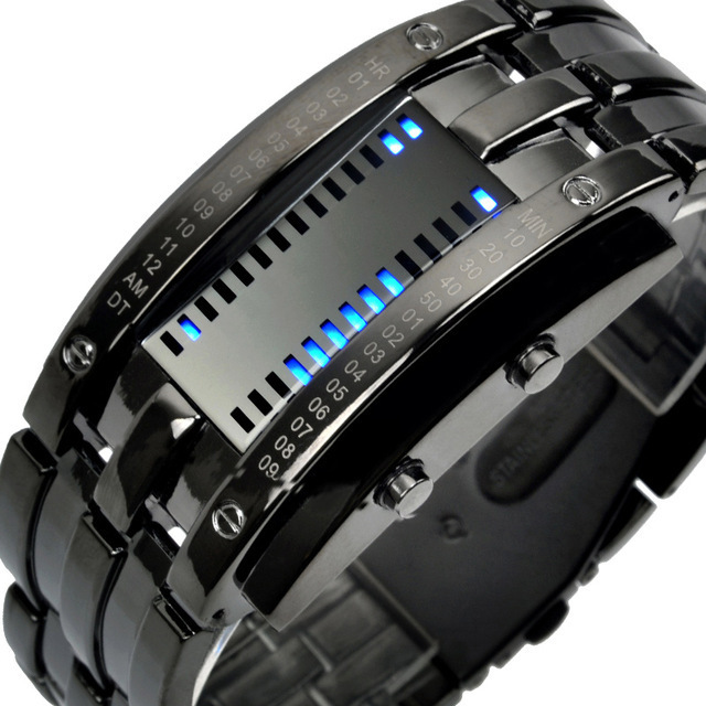 Men Women Future Technology Binary Black Stainless Steel Couple Watch Date Digital LED Bracelet Sport Watches