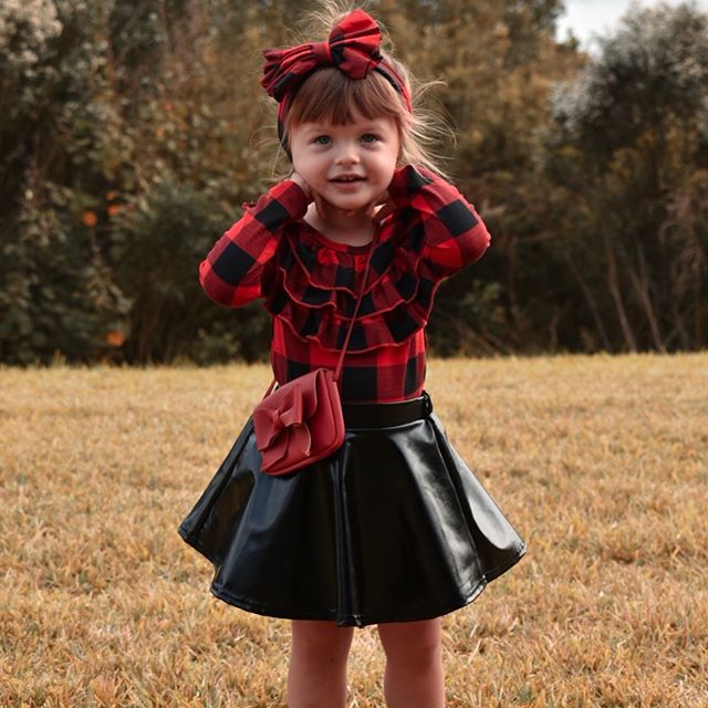 Toddler Kids Baby Girls Long Sleeve Grids Ruffle Tops+ PU Skirt+Headband Set Outfits Clothes 3PCS