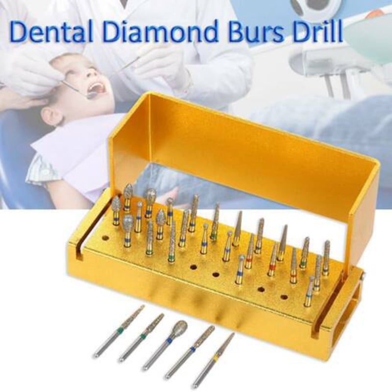 30PCS/PACK High Speed Dental Diamond Burs Drill+Disinfection Bur Block Handpiece Holder