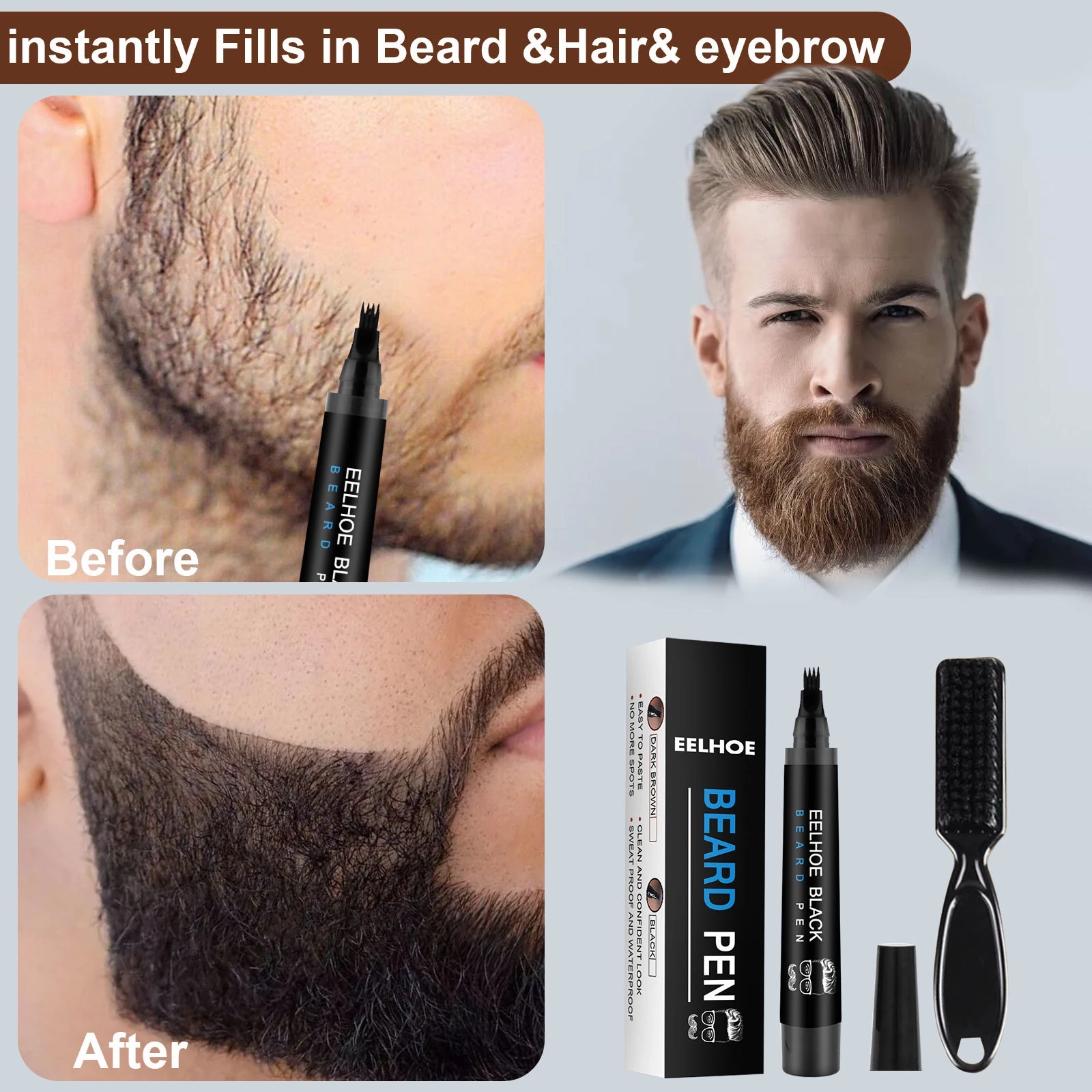 EELHOE Wild Bristle Lastics Care Brush Four Forks Head Beard Filler Pen Suit