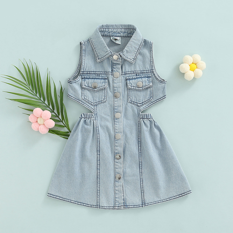 1-6Y Kids Girls Denim Dress Baby Summer Clothing Sleeveless Lapel Button-down Cut Out A-line Dress Children Casual Dresses