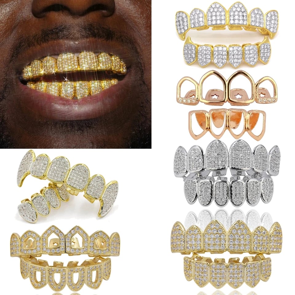 18K real gold plated 4A micro-inlaid zircon hip-hop diamond gold braces for men and women for Halloween dentures Grills
