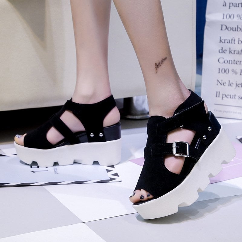 Korean Spring/Summer Thick Sole Fish Mouth Shoes for Women with Elevated Wedge Heels Sandals, Water Platform Matsuke, Stude