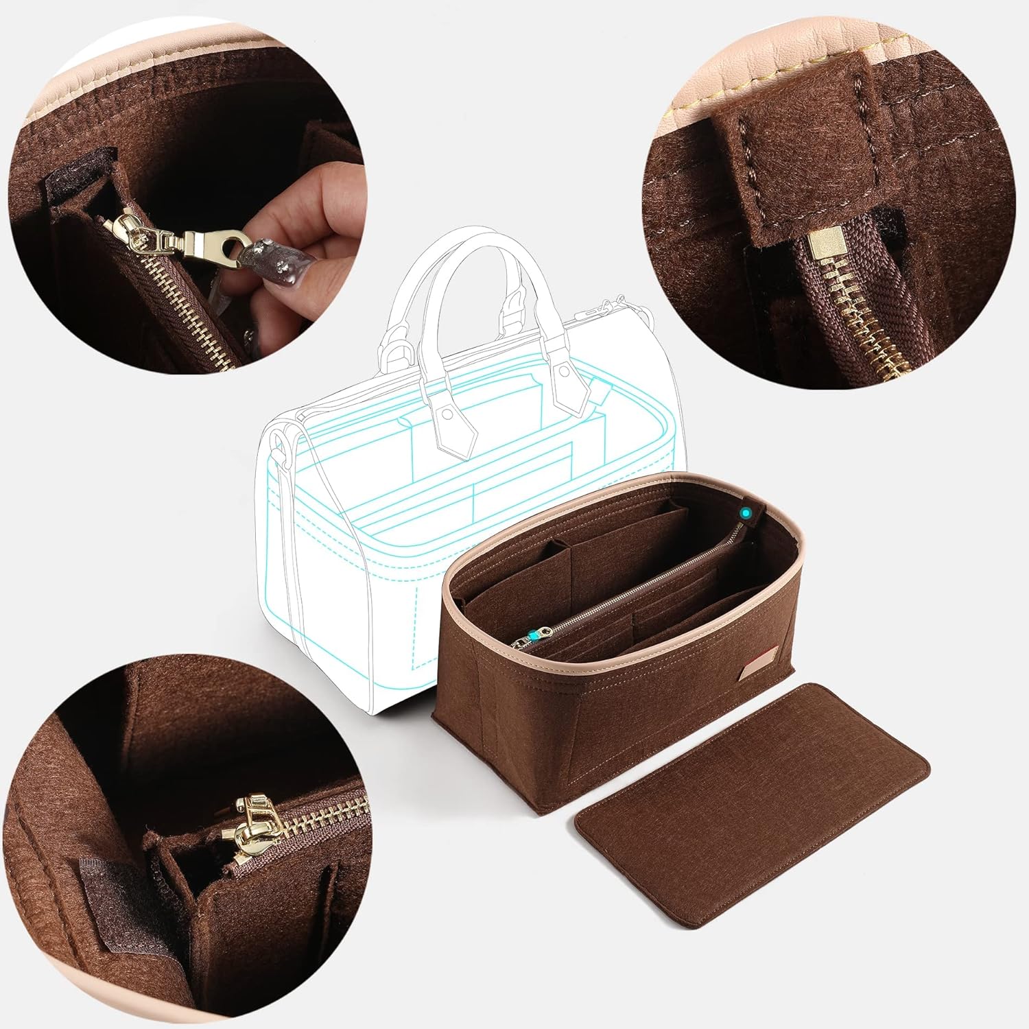 Doxo Purse Organizer Insert for Handbags & Base Shaper 2pc Set with Zipper, Felt Bag Organizer for Tote, Purse Organizer for LV Speedy 25/30/35 Neverf