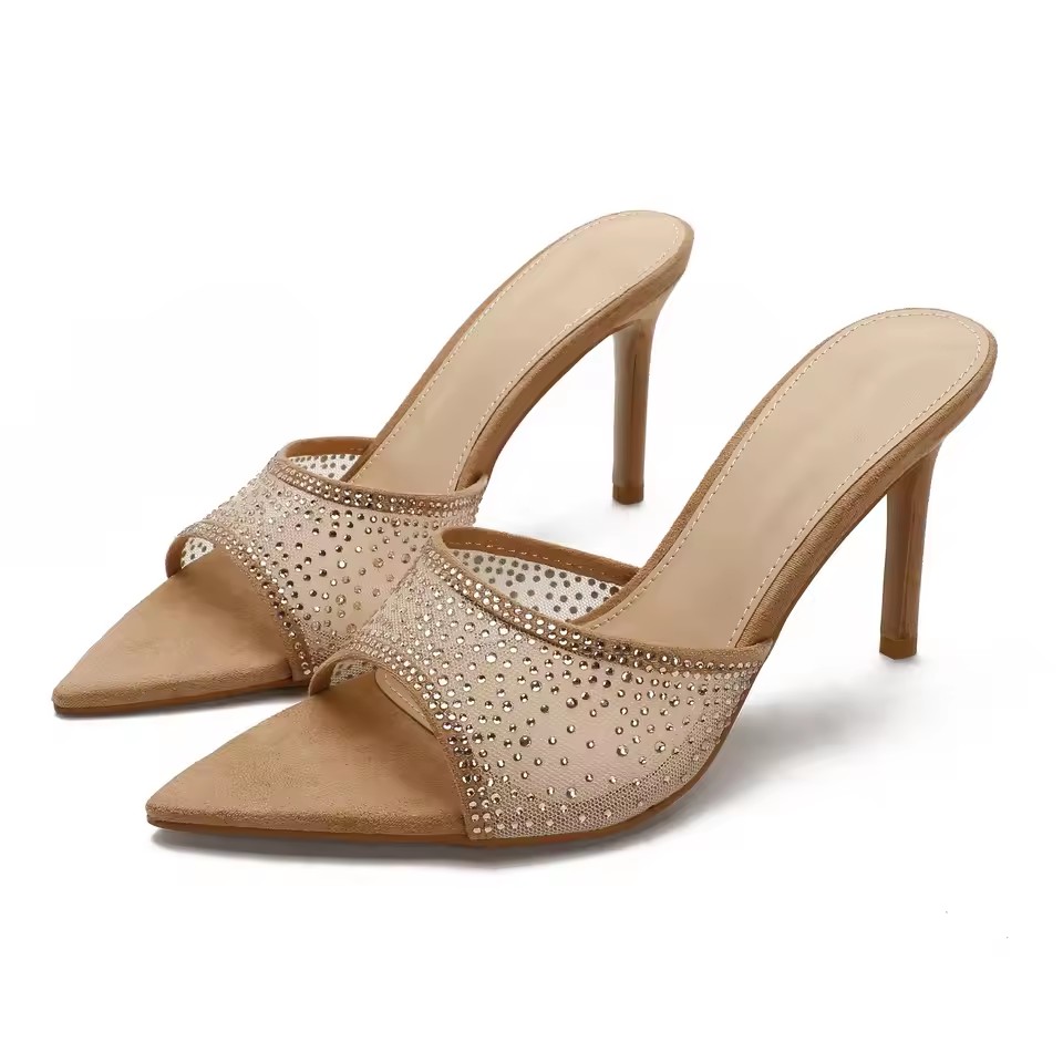 Summer Woman Thin Heel Rhinestone High Heel Slippers Fashion Open-toed Pointed End Slip-on Not Tired of Feet Stiletto
