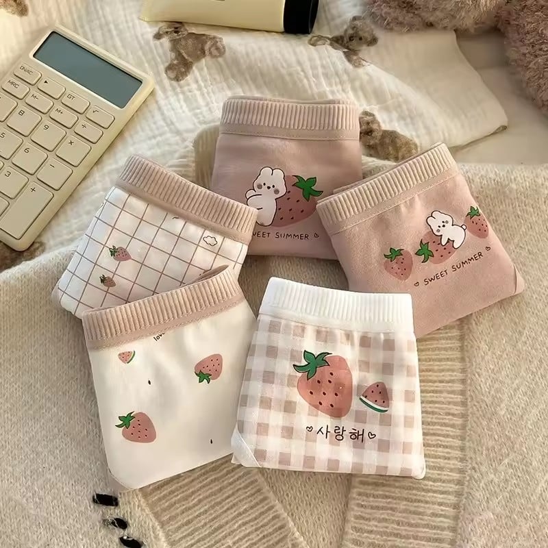 5PCS Kids Girls Cotton Soft Antibacterial Briefs Baby Cute Strawberry Print Panties 2+y Young Children Thin Breathable Underwea