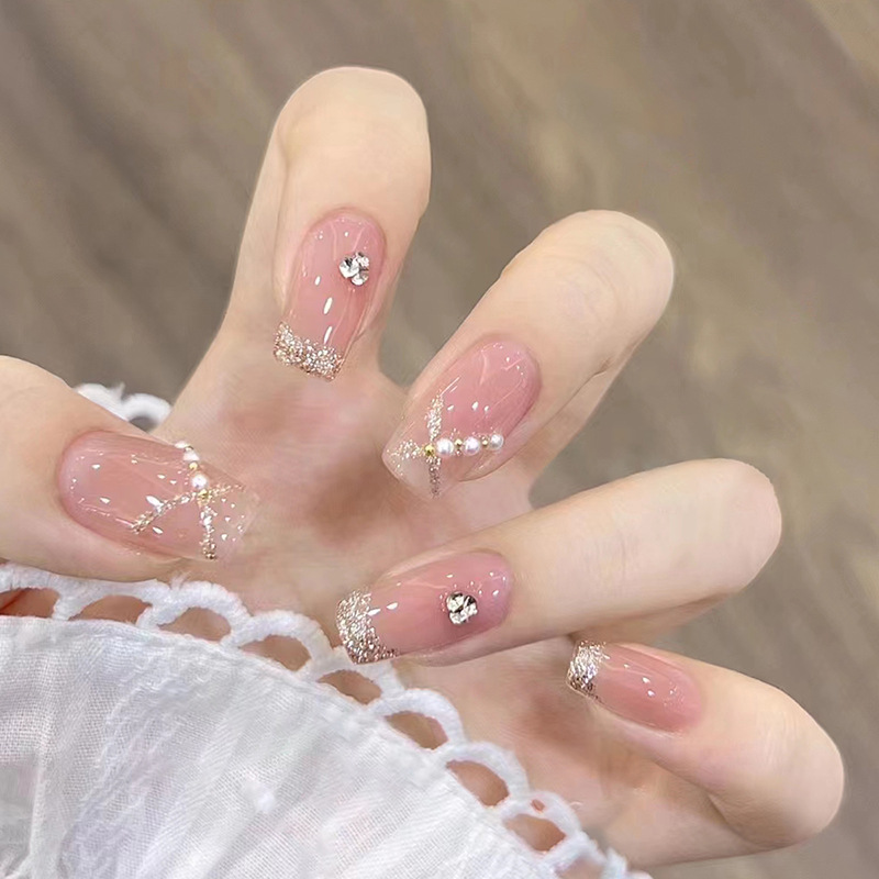 24Pcs/Set Full Cover False Nail Gradients Pink Press Reusable Acrylic Peach Color Fake Nails French Style Stick On Nail Art