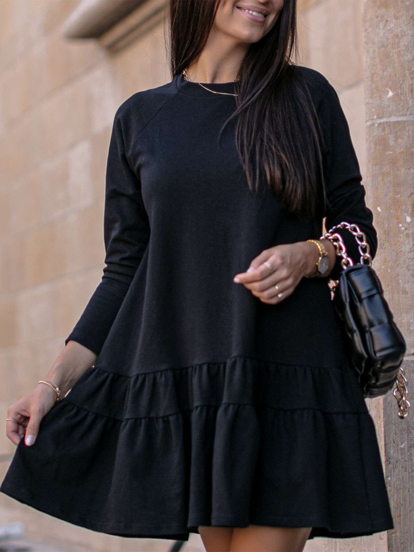 women's long sleeve home loose round neck ruffle dress sweater
