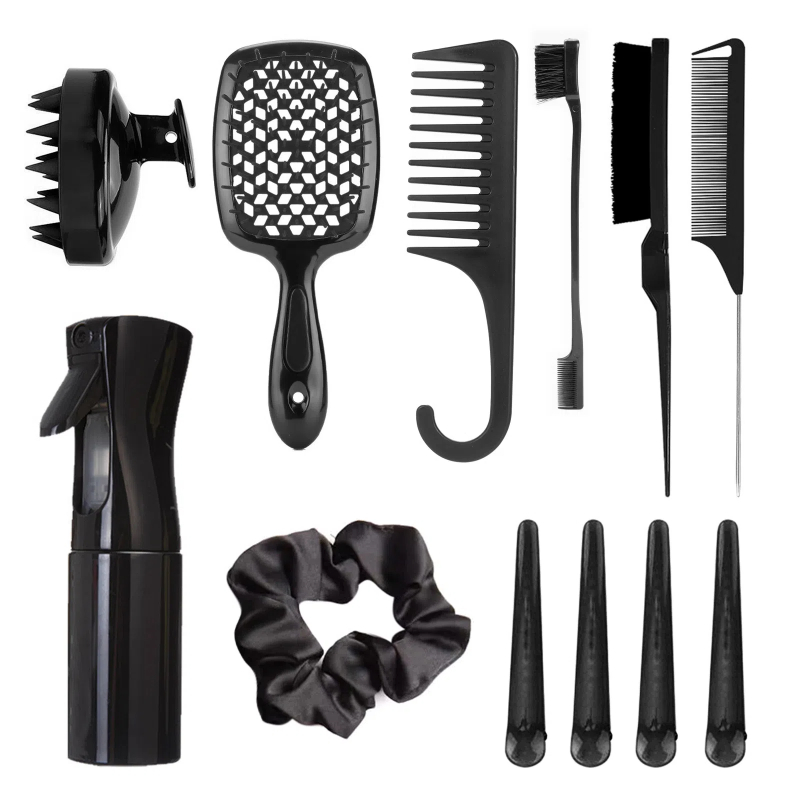 12pcs Complete Hair Styling Comb Set - Versatile Detangling & Teasing Combs, Edge & Rat Tail Brushes, Scalp Massager, Spray Bott
