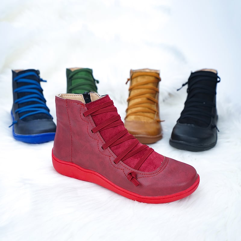 Ankle Boots Autumn Vintage Lace Up Women Shoes Comfortable Flat Heel Boots Female Zipper Short Boots Dropshipping
