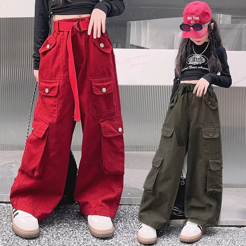 Girls Cargo Pants Loose Casual Fashion Children Trousers Pockets Design Trendy Cool Streetwear Teen Kids Pants 13 14 Years