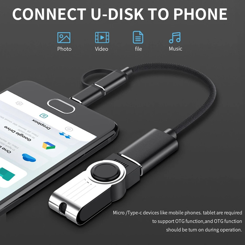2 in 1 OTG Adapter Cable USB 3.0 to Micro USB Type C Data Sync Adapter for U Disk to Type-C Smartphone Nylon Braid