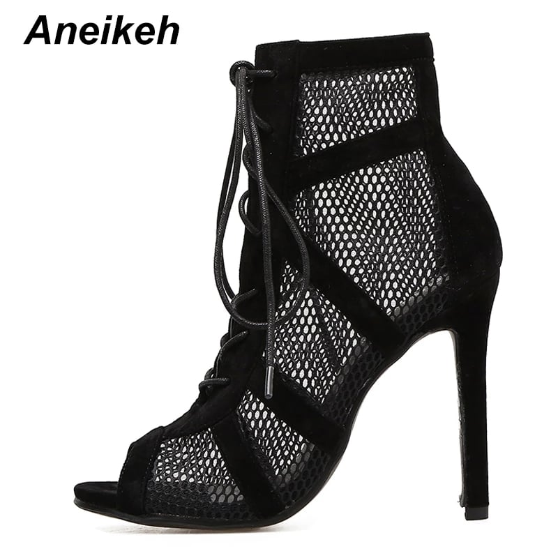 Fashion Basic Sandals Boots Women High Heels Pumps Sexy Hollow Out Mesh Lace-Up Cross-tied Boots Party Shoes Party