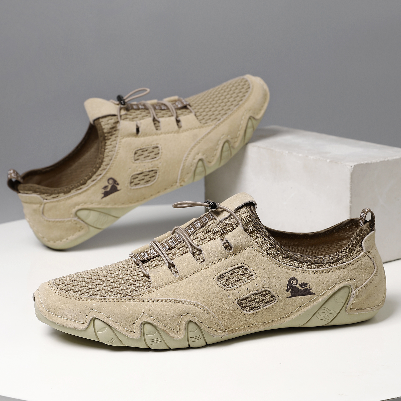 New breathable men's casual sports shoes large-sized sewn genuine leather mesh shoes Korean version trendy men's shoes